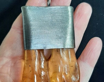 Madagascar Fossil Natural Amber stone pendant with oxidized sterling silver cap necklace for her or him. tribalgallery.