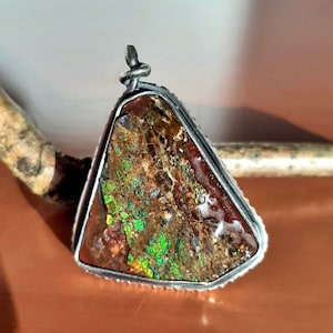 Ammolite Canadian gemstone set in artisan modernist oxidized sterling silver ring for her or him US size 10. tribalgallery.