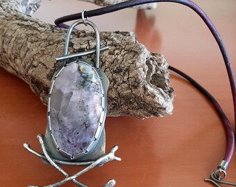 Lovely artisan modernist oxidized raw sterling silver and Mookaite Jasper gemstone pendant on leather necklace. tribalgallery.