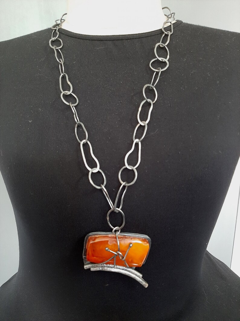 Hand made natural vintage Baltic Amber gemstone pendant with Sterling silver wire pendant necklace. tribalgallery. image 2