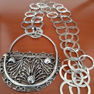 Old Tunisian Berber silver head / ear ornament pendant on silver RIHANA chain necklace, tribalgallery.