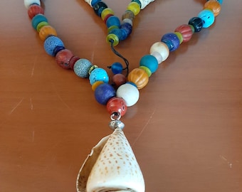 Vintage Mauritanian conus shell bead, multi colored glass beads and shell disc beads necklace.  Tribalgallery