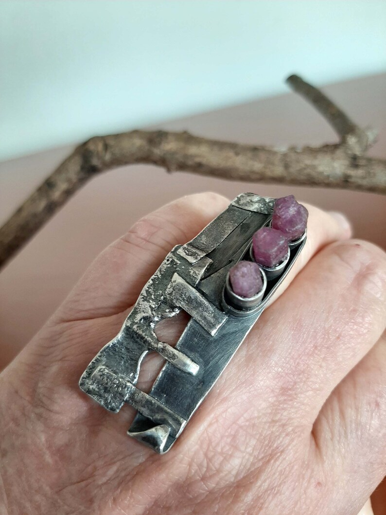 tribalgallery Artisan chunky oxidized sterling silver /& Ruby bold industrial statement brutalist raw silver ring