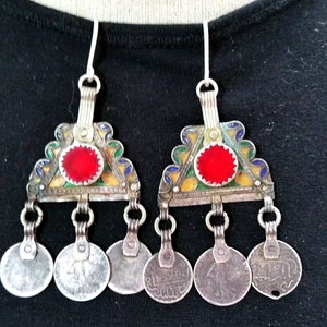 Old Berber silver enamel, glass and coins earrings from Morocco, Maroc, North Africa, tribalgallery.
