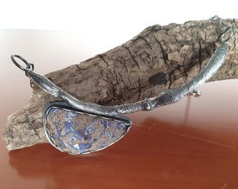 Lovely OOAK oxidized sterling silver and raw Boulder Opal gemstone pendant necklace. tribalgallery.