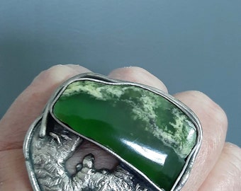 Hand made green Serpentine stone ring, oxidized sterling silver modernist, artisan, brutalist hand made ring US 9.  Tribalgallery