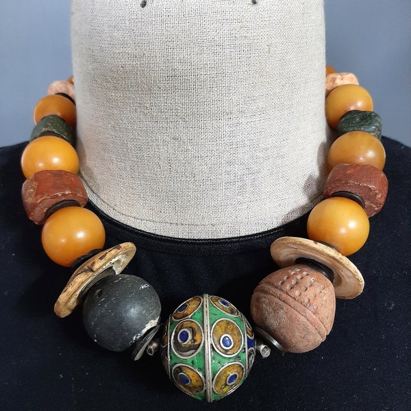 Moroccan Berber phenolic resin, spindle whorl, Hebron beads, Bauxite, Quartz and enamel egg bead necklace. tribalgallery