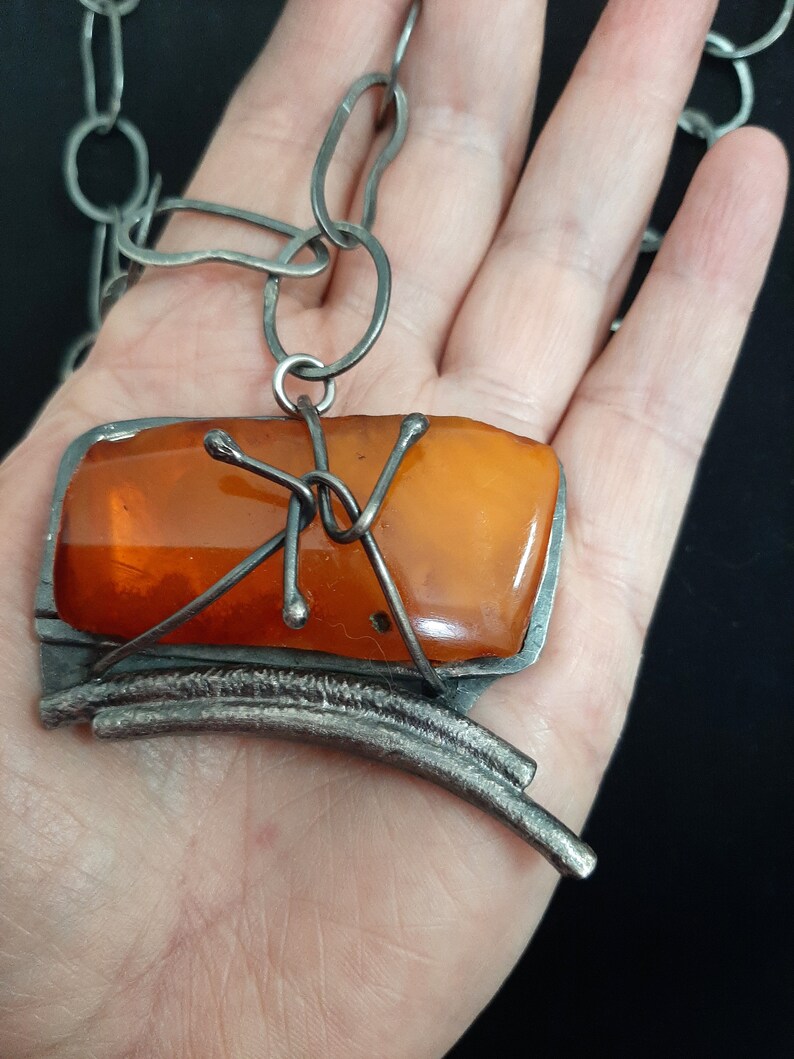 Hand made natural vintage Baltic Amber gemstone pendant with Sterling silver wire pendant necklace. tribalgallery. image 4