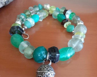 Bohemian Glass Bead Necklace: Green, Yellow, Brown, and Sterling Silver