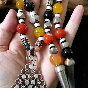 Vintage Middle east Yemen Bedouin silver pendant, colored agate beads and silver beads necklace.  tribalgallery.