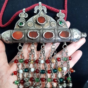 Antique silver fire gilded carnelian pendant necklace / Tumar Turkmenistan/ Karakalpaks Uzbekistan. tribalgallery. image 1