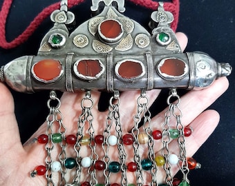 Antique silver- fire gilded- carnelian pendant necklace / Tumar Turkmenistan/ Karakalpaks Uzbekistan. tribalgallery.