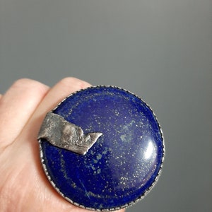 Large round Lapis Lazuli stone in modernist artisan oxidized sterling silver statement ring US size adjustable. tribalgallery image 1
