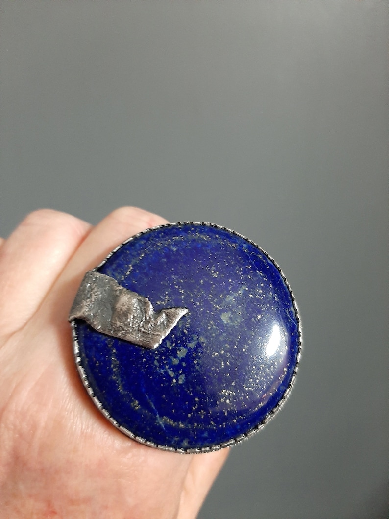 Large round Lapis Lazuli stone in modernist artisan oxidized sterling silver statement ring US size adjustable. tribalgallery image 1