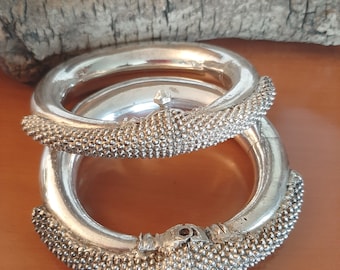 Vintage rare pair antique ethnic tribal old Sterling silver granulated bracelet bangle Kadla India Rajasthan 323 grams.