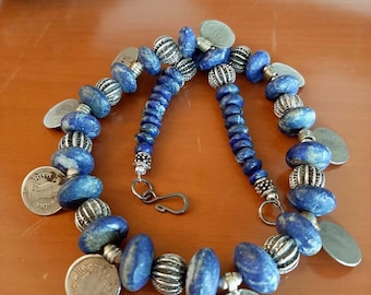 Vintage Indian Paise coin beads and Pakistan Lapis Lazuli rondelle beads necklace.  tribalgallery.