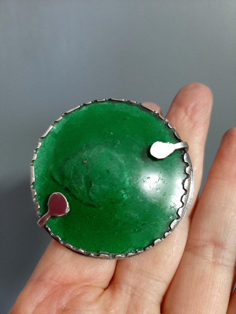 Large round green antique Roman glass piece in modernist artisan oxidized sterling silver ring US size 8 8 1/4. tribalgallery image 10