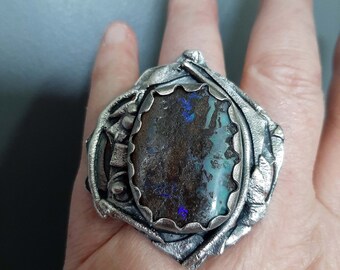 Hand made natural Australian Boulder Opal gemstone set in oxidized sterling silver ring US size adjustable. tribalgallery