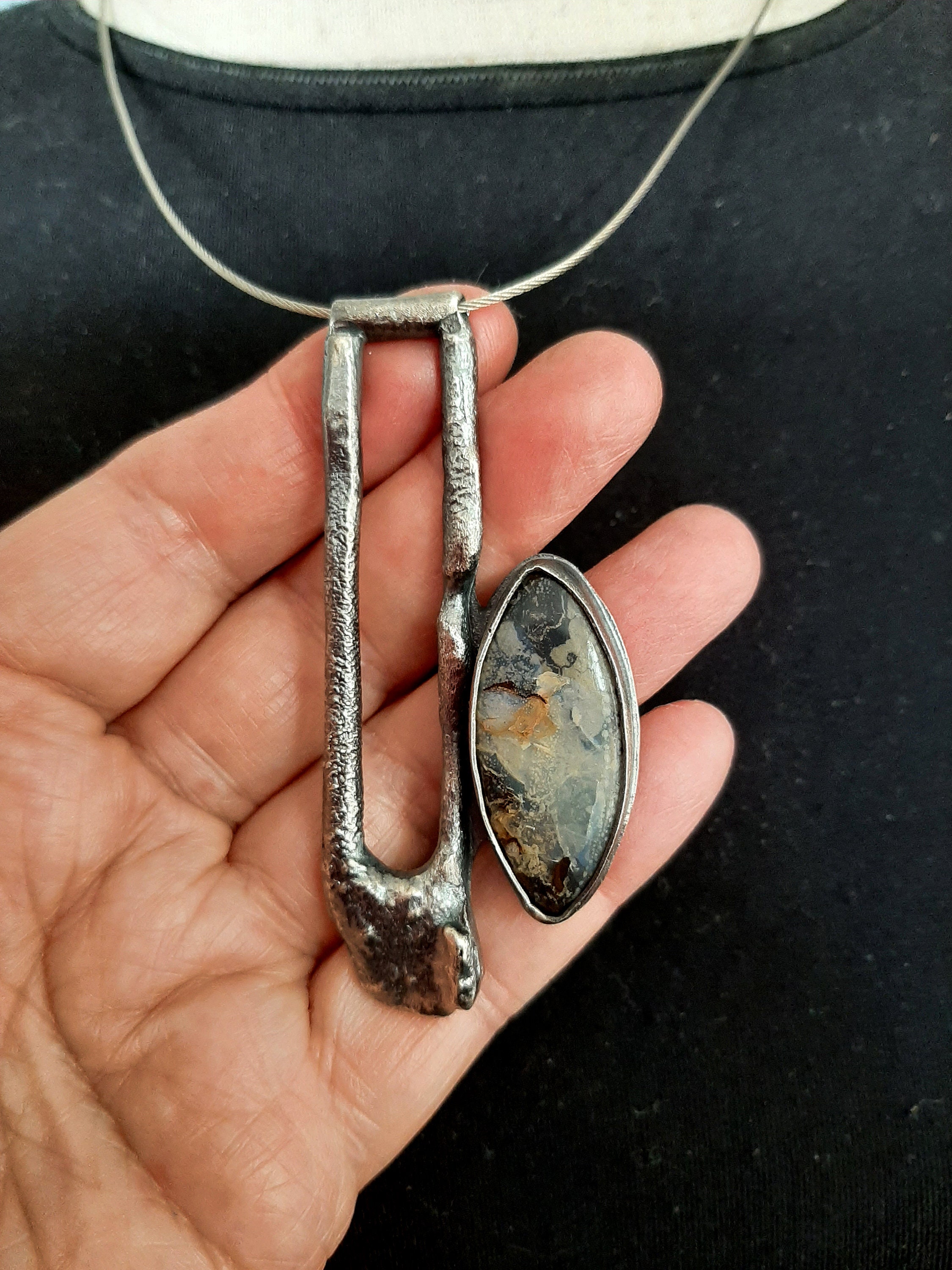 Hand made artisan oxidized Sterling silver organic pendant with natural Australian boulder Opal gemstone necklace. tribalgallery.