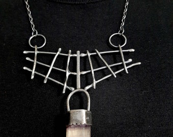 Artisan modernist steampunk oxidized raw Sterling silver & Fluorite pointed stone brutal industrial pendant necklace. tribalgallery.
