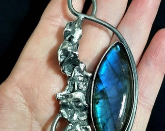 Artisan modernist steampunk oxidized raw Sterling silver & Labradorite gemstone brutal industrial pendant necklace. tribalgallery.