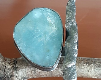 Raw oxidized sterling silver statement ring + natural blue Aquamarine gemstone US size 8,5.