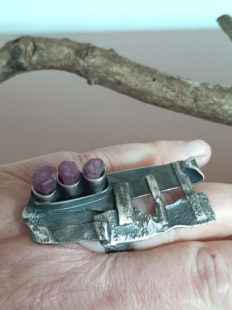 tribalgallery Artisan chunky oxidized sterling silver /& Ruby bold industrial statement brutalist raw silver ring