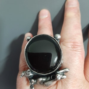 Handmade Oxidized Sterling Silver Black Onyx Ring - Brutalist Statement Jewelry, US 8 3/4
