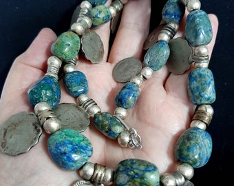 Vintage Indian Paise coin beads and Azurite Malachite stone bead necklace.  tribalgallery.