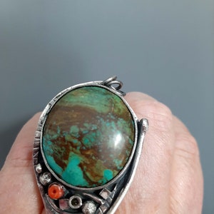 Artisan modernist oxidized raw sterling silver statement ring + natural Tibetan Turquoise gemstone US 8,5. tribalgallery