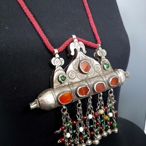 Antique silver fire gilded carnelian pendant necklace / Tumar Turkmenistan/ Karakalpaks Uzbekistan. tribalgallery. image 9