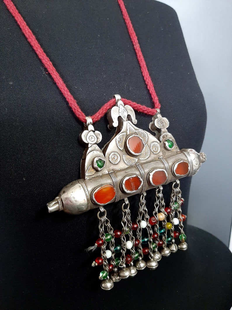 Antique silver fire gilded carnelian pendant necklace / Tumar Turkmenistan/ Karakalpaks Uzbekistan. tribalgallery. image 9