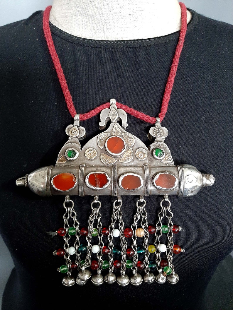 Antique silver fire gilded carnelian pendant necklace / Tumar Turkmenistan/ Karakalpaks Uzbekistan. tribalgallery. image 2