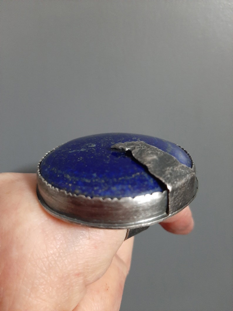 Large round Lapis Lazuli stone in modernist artisan oxidized sterling silver statement ring US size adjustable. tribalgallery image 9