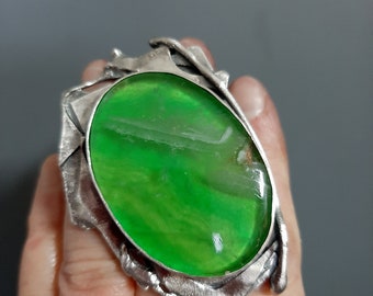Green Fluorite gemstone ring, oxidized sterling silver modernist, artisan, hand made ring US 8,5.  Tribalgallery