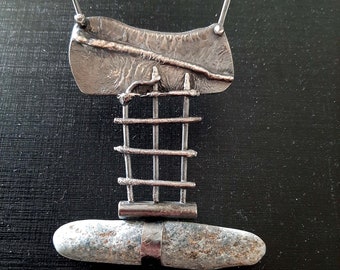 Artisan modernist oxidized raw sterling silver + Kyanite industrial steampunk brutalist pendant necklace. tribalgallery.
