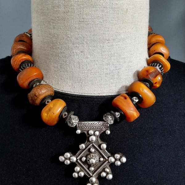 Antique large Moroccan Berber fossil Amber necklace with silver Boghdad cross and silver beads. Tribalgallery