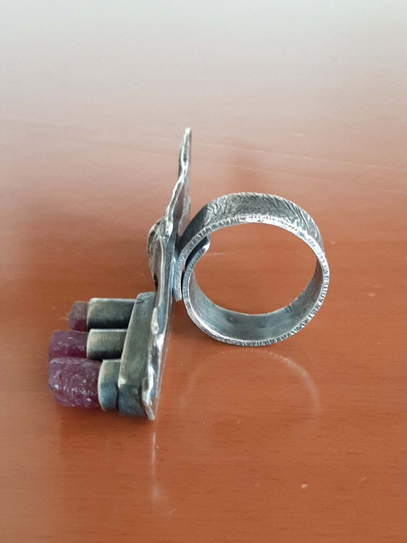 tribalgallery Artisan chunky oxidized sterling silver /& Ruby bold industrial statement brutalist raw silver ring