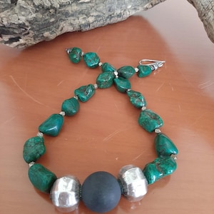Vintage green Turquoise, silver beads and black Agate necklace. Tribalgallery
