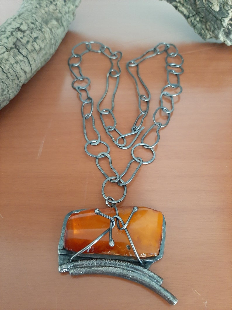 Hand made natural vintage Baltic Amber gemstone pendant with Sterling silver wire pendant necklace. tribalgallery. image 8