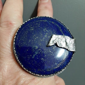 Large round Lapis Lazuli stone in modernist artisan oxidized sterling silver statement ring US size adjustable. tribalgallery image 6