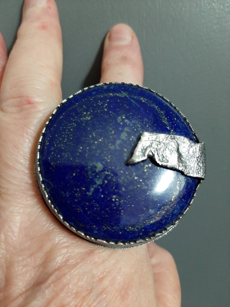 Large round Lapis Lazuli stone in modernist artisan oxidized sterling silver statement ring US size adjustable. tribalgallery image 6