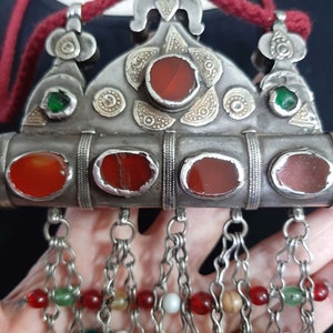 Antique silver fire gilded carnelian pendant necklace / Tumar Turkmenistan/ Karakalpaks Uzbekistan. tribalgallery. image 6