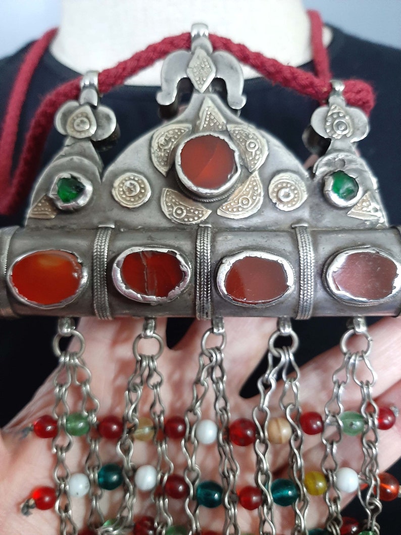 Antique silver fire gilded carnelian pendant necklace / Tumar Turkmenistan/ Karakalpaks Uzbekistan. tribalgallery. image 6