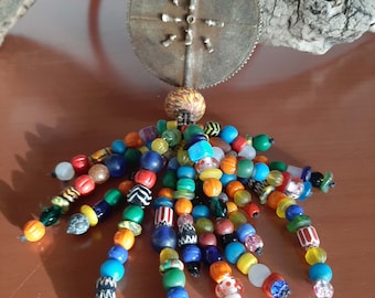Vintage Baule Ivory Coast African brass Bird amulet pendant and colored beads necklace. tribalgallery