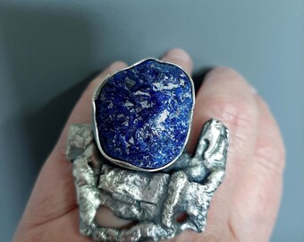 Statement raw druzy Azurite stone ring, oxidized sterling silver modernist, artisan, brutalist hand made ring US 8,5.  Tribalgallery