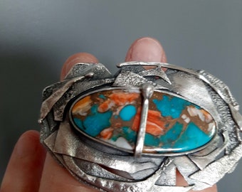 Artisan hand made oxidized sterling silver Arizona Mohave Turquoise statement brutalist raw silver ring US 8. tribalgallery