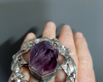 HUGE Artisan OOAK oxidized sterling silver Amethyst Crystal point stone bold statement brutalist raw silver ring US size 8,5. tribalgallery