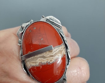 Artisan oxidized sterling silver + banded agate statement fantasy ring US size 9 1/4.  tribalgallery