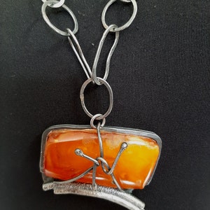 Hand made natural vintage Baltic Amber gemstone pendant with Sterling silver wire pendant necklace. tribalgallery. image 1